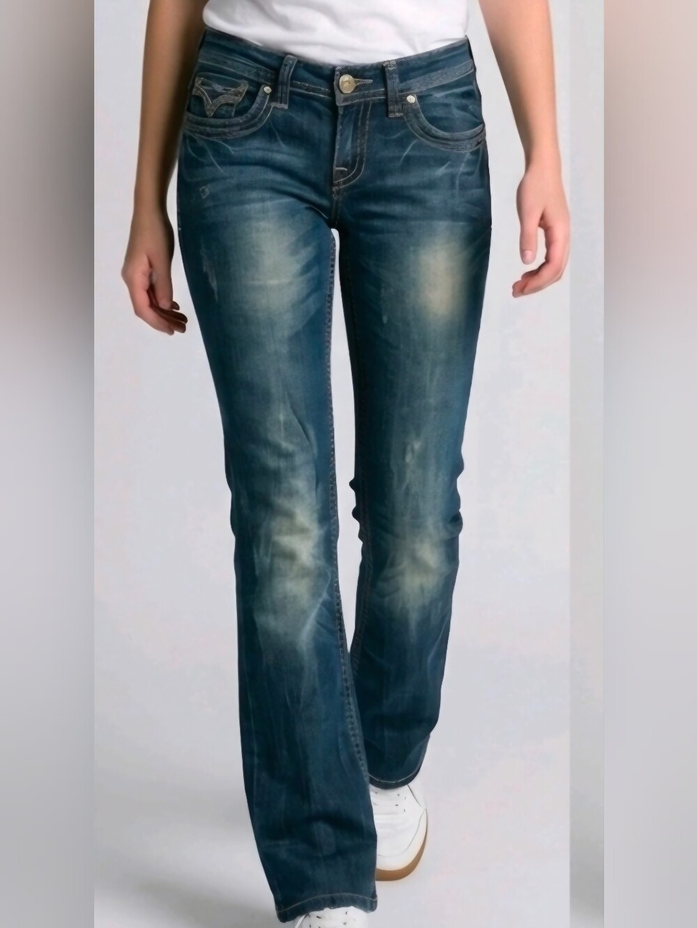 Pepe Jeans London Womens 28 Blue Denim Bootcut Low Rise Flap Pockets Studded